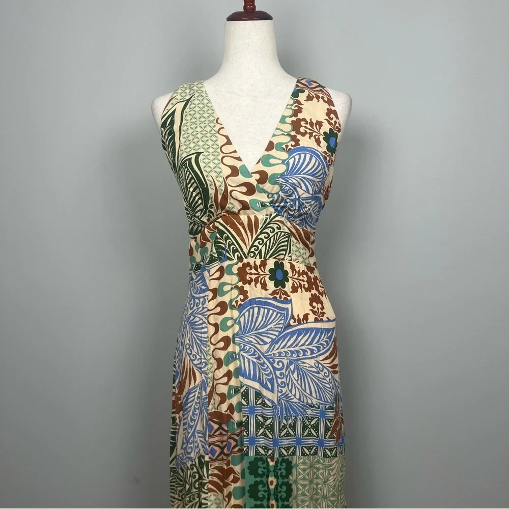 NWT‎ Vince Camuto Green and Brown Patchwork Maxi Dress Halter T Back SZ L